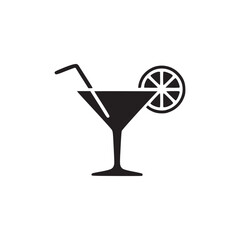Illustration of a black cocktail glass with a straw and lemon slice, representing celebration, relaxation, and tropical refreshment in a simple and elegant style