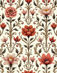 Vintage Ornamental Wallpaper with Roses and Baroque Floral Patterns
