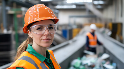 Focused woman in protective gear at a recycling plant. Safety is a priority in a modern industrial setting for female engineers and factory workers.