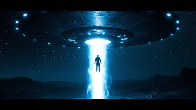 Mysterious Alien Abduction by a Glowing UFO Tractor Beam in a Dark, Starry Night Landscape