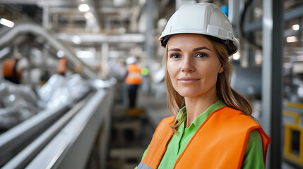 Woman in hard hat and safety vest smiles confidently in a factory. Background includes industrial equipment and workers, emphasizing a safe, efficient work environment.