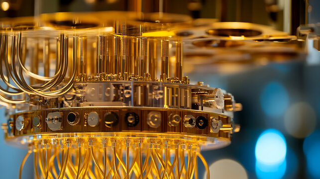 Complex device with gold components and intricate wiring, representing advanced technology and scientific research. High-tech equipment detail.