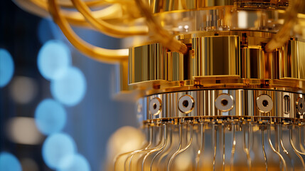 Close-up of a golden, multi-layered machine featuring intricate details and connections, symbolizing advanced technology and innovation.
