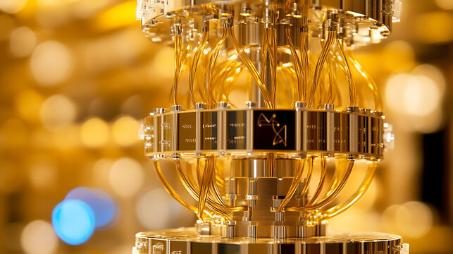 Quantum computing hardware: a close-up view of a complex, golden-toned quantum processor with intricate wiring and connections, against a blurry background.