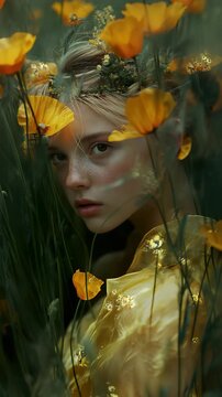 A woman in a yellow dress surrounded by yellow flowers