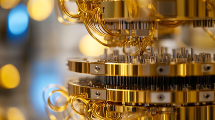 Close-up of a complex gold machine with intricate wiring and layered circular structures, hinting at advanced technology and complex engineering.