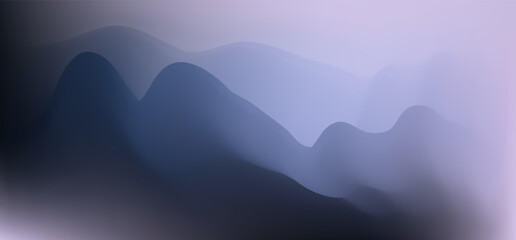 Abstract dark mesh gradient background of blurred deep navy indigo blue and light violet shades. Moody and atmospheric mountains silhouette, suitable for fluid graphic design, liquid 3d poster