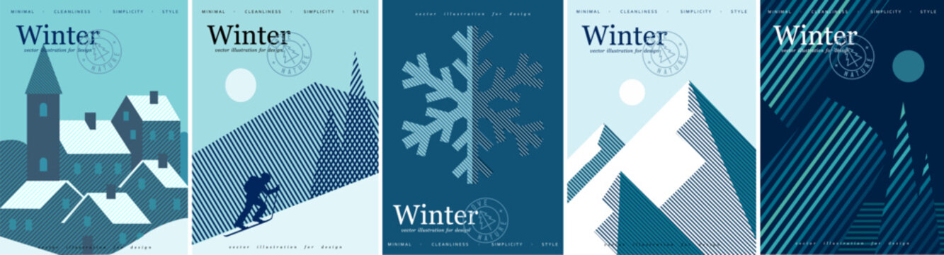 Winter and nature. Vector abstract modern minimalist geometric illustration of a village, alpine mountains, skiing, snowflake, and northern lights for a poster, greeting card, background, or design.