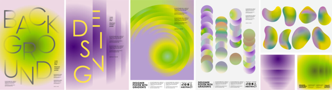 Abstract gradient background and fluid shapes. Vector illustrations featuring trendy pastel blends, modern geometric elements, art, circles, and objects in purple, green, and yellow for poster