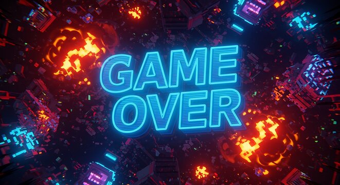Game over neon sign with abstract glowing background