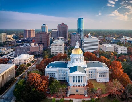 aerial view of the north carolina state capitol and raleigh skyline