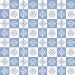 Winter seamless pattern light blue and beige snowflakes on checkered background hand drawn vector illustration abstract ornament texture fabric wrapping paper wallpaper textile print