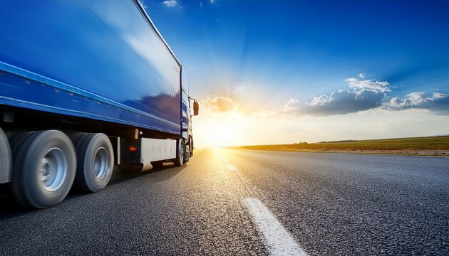 blue truck driving on the asphalt road on a horizon against the glowing sun