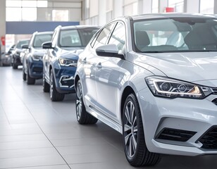 Modern cars lined up in a showroom