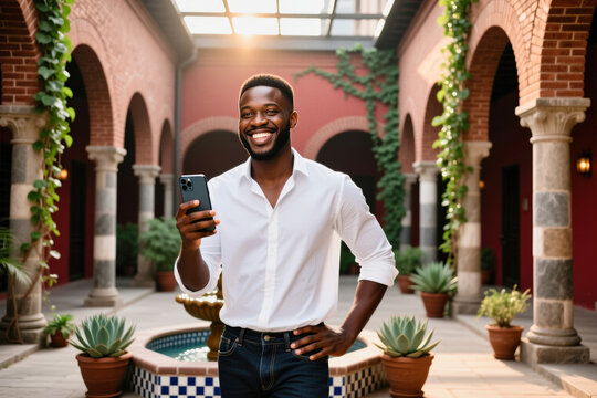A man in a white shirt and jeans stands in a courtyard holding a smartphone, smiling at the camera.