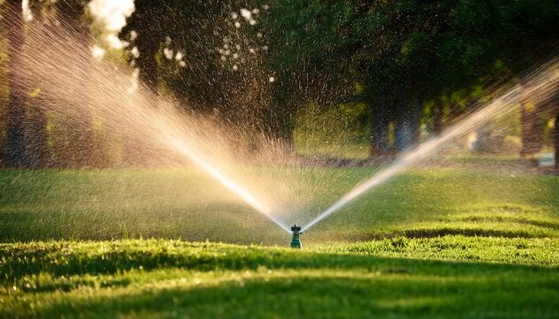 automatic sprinkler system watering lush green lawn farm maintenance