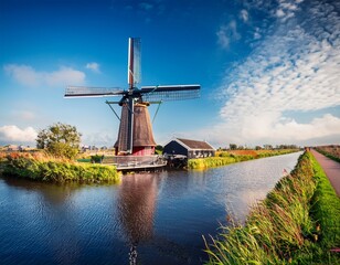 Fototapeta premium classic dutch windmill canals blue sky wind picturesque farm netherlands