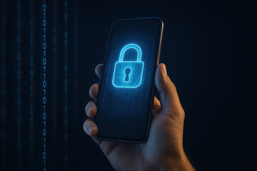 Cybersecurity digital lock fintech secure mobile login smartphone security protection privacy technology blue glow