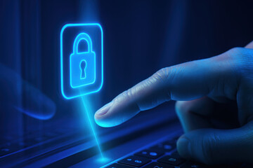 Cybersecurity digital lock fintech futuristic finger touching holographic padlock over keyboard conveying secure data access and confident innovation in finance