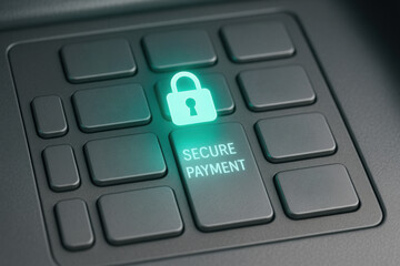 Secure payment digital lock fintech cybersecurity glowing keypad button conveying trust and protection in online transaction environment with modern technology assurance