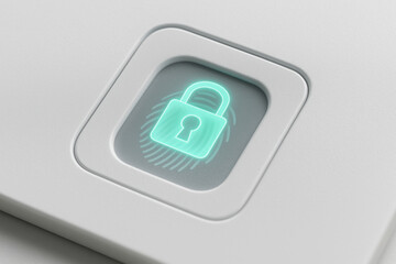 Secure fingerprint access icon glowing on device surface cybersecurity digital lock fintech protecting user identity with sleek sensor and soft teal light