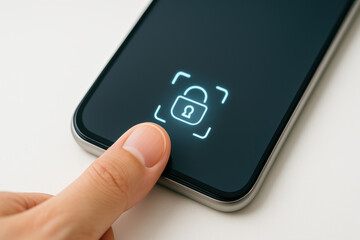 Fingerprint security digital lock fintech cybersecurity access icon on smartphone screen with human touch unlocking sensitive data and secure login for mobile finance applications