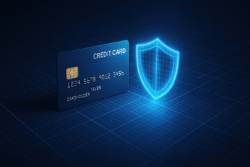 Cybersecurity digital lock fintech credit card shield protecting online payment data in secure environment with glowing grid and chip card conveying protection and trust