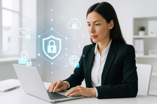 Cybersecurity digital lock fintech professional woman laptop office focused modern security network shield
