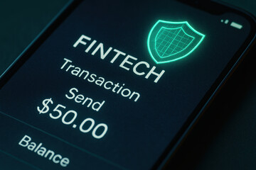 Fintech digital transaction screen on mobile showing secure transfer and lock icon conveying cybersecurity and modern payment technology with calm professional tone