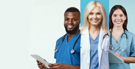 A collage featuring two healthcare professionals, a man and a woman, demonstrating teamwork. They are engaged in a discussion about medicine, showcasing a diverse and friendly environment.