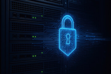 Cybersecurity digital lock fintech network server protection data privacy encryption glowing blue shield padlock securing infrastructure in modern finance and technology environment