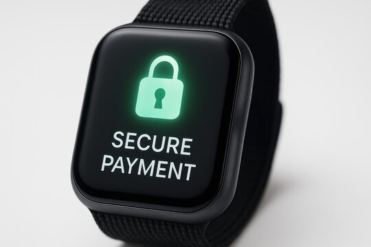 Secure lock digital fintech cybersecurity wearable payment watch showing secure payment message with glowing lock icon and black strap promoting safe mobile transaction