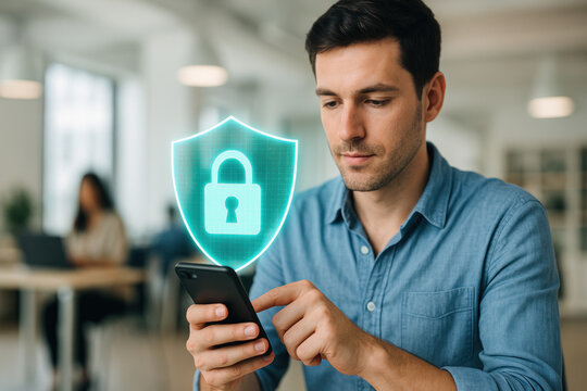 Cybersecurity digital lock fintech mobile security professional using smartphone shield icon protecting data in modern office showing confident concentration and secure transaction