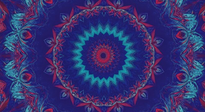 Abstract mandala design with symmetrical geometric patterns and vibrant colors