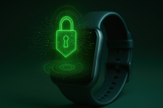 Smartwatch security lock digital cybersecurity fintech wearable privacy protection green technology glowing
