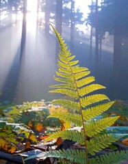 Sunlight streams through a misty forest, highlighting a vibrant fern frond