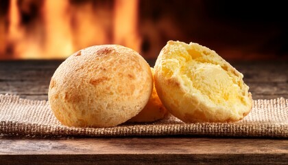 brazilian snack cheese bread pao de queijo on rustic sackcloth placed on a wooden table with selective focus for a copy space image