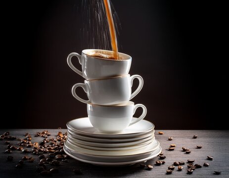 coffee cascading onto stacked plates cups studio shot cascade visuals