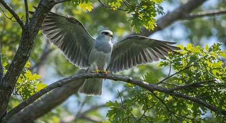 Elegant bird of prey with wings spread perched on a branch in natural sunlight