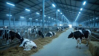 Medium shot of a cattle barn illuminated with cool LED lights enhancing animal comfort and visibility during evening hours