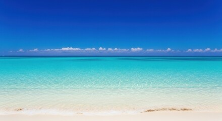 Obraz premium Tropical beach with turquoise water under blue sky. A serene landscape of paradise. Peaceful scenery, summer vibe, idyllic destination.