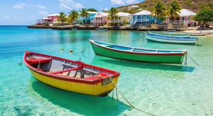Colorful boats rest in calm turquoise water near vibrant houses on a sunny day. A serene landscape evokes tranquility. Tropical paradise, island getaway, Caribbean charm.