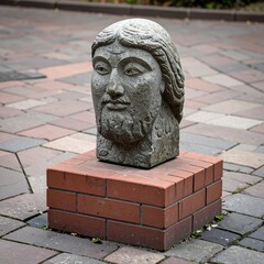 Stone head sculpture on brick base