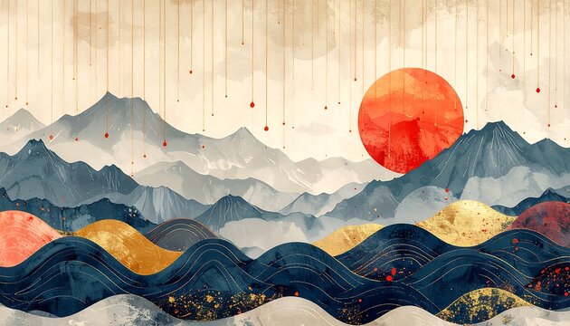 A serene landscape featuring layered mountains and water. A vibrant sun hangs in the sky with droplets falling down