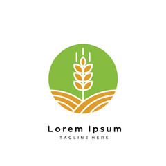 A green circle logo features a wheat stalk above golden farm fields