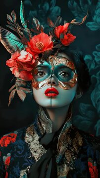 A woman wearing a mask with feathers and flowers on her head