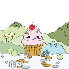Whimsical Cupcake Outline Vector Art with Cherry and Cream Topping for Kids Party and Dessert Menu