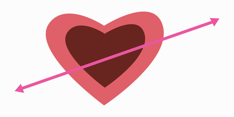 Stylized Heart Icon in Shades of Pink and Red-Brown, Transfixed by a Vibrant Pink Arrow, Symbolizing Love, Emotion, and Romantic Impact.