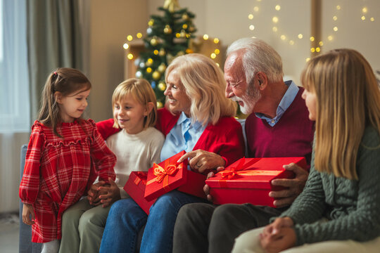 Grandparents and grandchildren exchanging gifts during christmas celebration