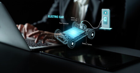 Structure of electric car showing battery system, traction motor, control units, and charging...